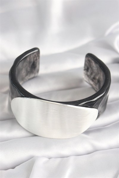 Mey İthalat® Siyah Mermer Desen Akrilik Plastik Gümüş Oval Plaka Model Vintage Kadın Bilezik