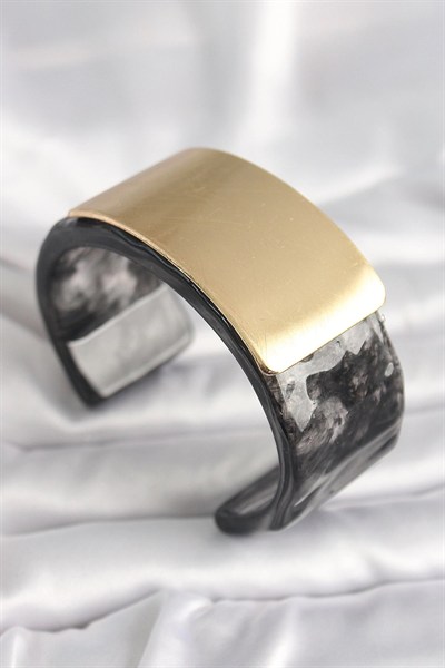 Mey İthalat® Siyah Mermer Desen Akrilik Plastik Gol Dikdörtgen Plaka Model Vingtage Kadın Bilezik