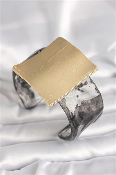 Mey İthalat® Siyah Mermer Desen Akrilik Plastik Gold Kare Plaka Model Vintage Kadın Bilezik