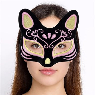 Mey İthalat® Siyah Renk Süet Kaplama Üzeri Sarı Pembe Simli Kedi Maskesi 17x14 cm