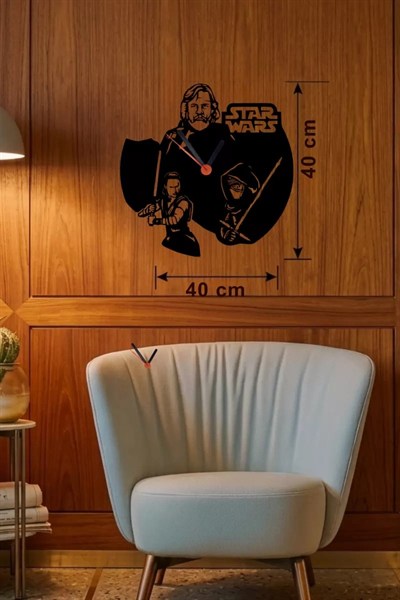 Mey İthalat® Star Wars Temalı Ahşap Duvar Saati - 40x40 cm Lazer Kesim Dekoratif