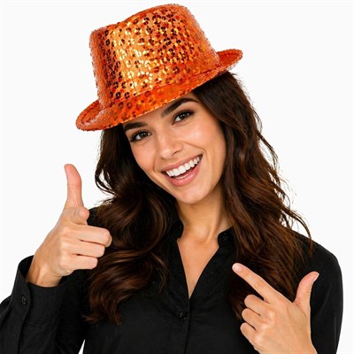 Mey İthalat® Turuncu Payetli Disco Parti Şapkası Yetişkin Işıltılı Fötr Model