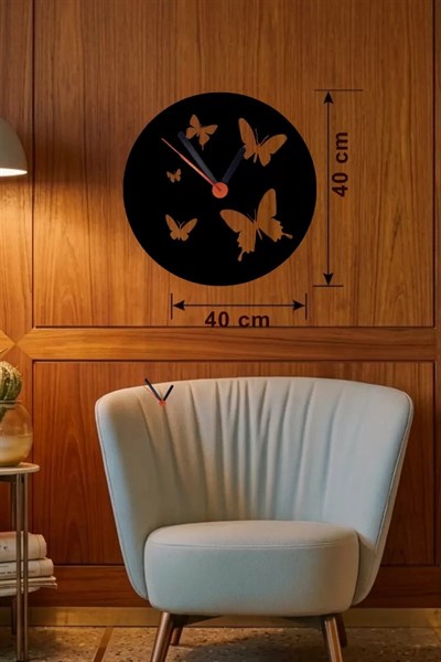 Mey İthalat® Uçuşan Kelebekler Tasarım Ahşap Duvar Saati - 40x40 cm Dekoratif