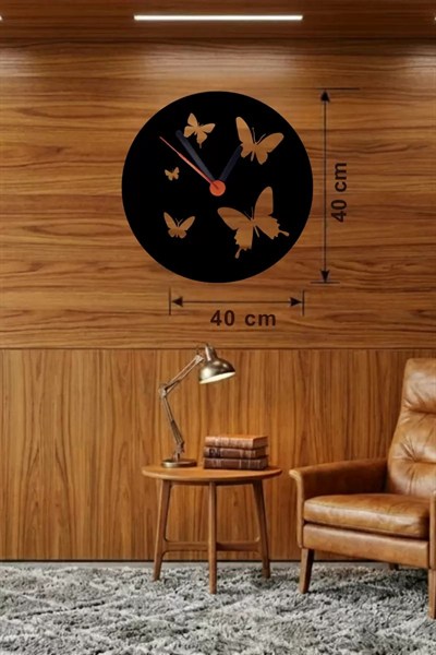 Mey İthalat® Uçuşan Kelebekler Tasarım Ahşap Duvar Saati - 40x40 cm Dekoratif