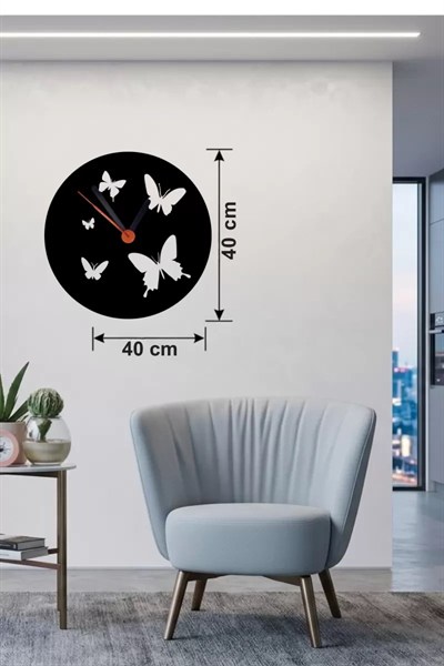 Mey İthalat® Uçuşan Kelebekler Tasarım Ahşap Duvar Saati - 40x40 cm Dekoratif