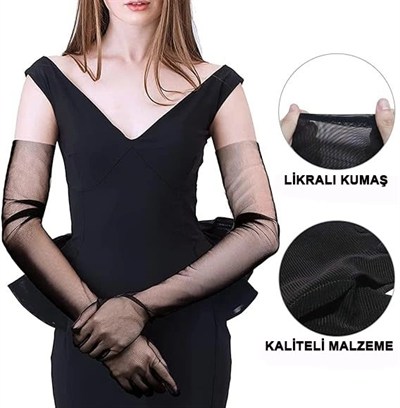 Mey İthalat® Uzun Boy Likralı Siyah Renk Yetişkin Mega Tül Eldiven 53 cm