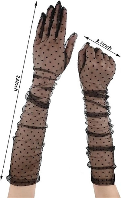 Mey İthalat® Uzun Boy Siyah Puantiyeli Siyah Renk Yetişkin Tül Eldiven 55 cm