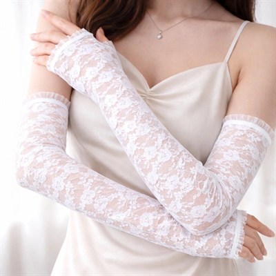 Mey İthalat® Uzun Zarif Dantel Eldiven Parmaksız Beyaz 35 cm