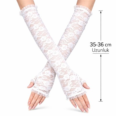 Mey İthalat® Uzun Zarif Dantel Eldiven Parmaksız Beyaz 35 cm