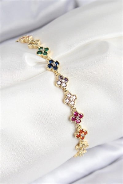 Mey İthalat® VIP Pirinç Renkli Zirkon Taşlı Yonca Model Gold Renk Kadın Bileklik