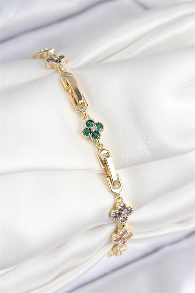 Mey İthalat® VIP Pirinç Renkli Zirkon Taşlı Yonca Model Gold Renk Kadın Bileklik