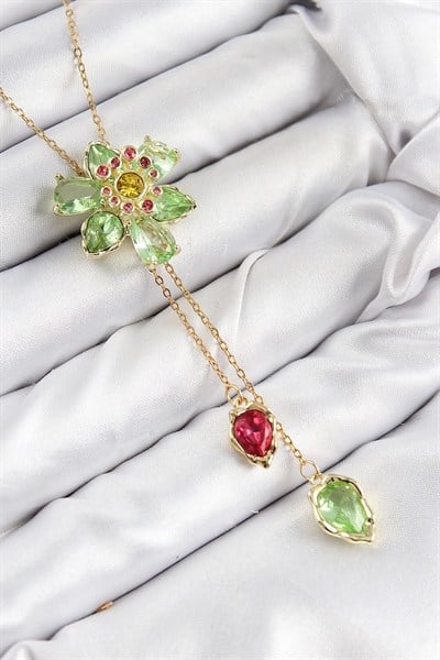 Mey İthalat® VIP Pirinç Zirkon Taşlı Çiçek Model Gold Renk Asansörlü Kadın Kolye