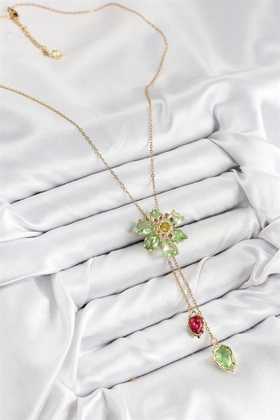 Mey İthalat® VIP Pirinç Zirkon Taşlı Çiçek Model Gold Renk Asansörlü Kadın Kolye