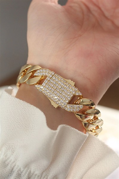 Mey İthalat® Vip Seri Pirinç Ortası Zirkon Taşlı Gold Renk Gurmet Bileklik