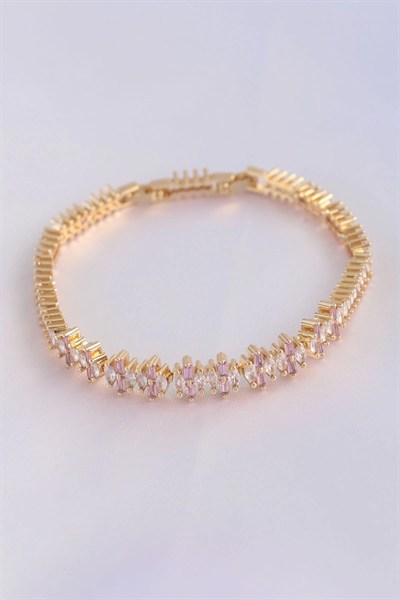 Mey İthalat® Vip Seri Pirinç Pembe Zirkon Taşlı Gold Renk Baget Model Bileklik