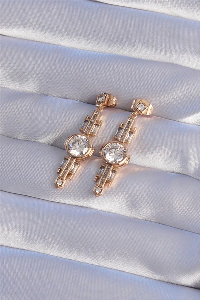 Mey İthalat® XUPİNG Rose Renk Zirkon Taşlı Geometrik Sallantılı Küpe