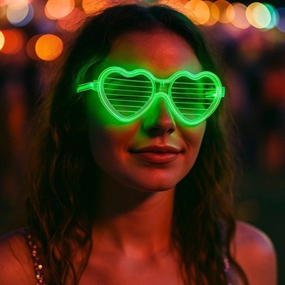 Mey İthalat® Yeşil LED Işıklı Kalp Gözlük – 3 Modlu Parti & Glow Gözlüğü