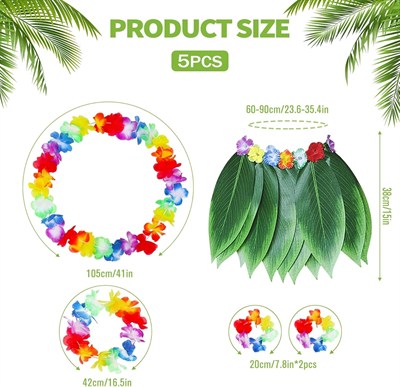 Mey İthalat® Yetişkin Hawaii Kostüm Seti - Yaprak Etek & Hawaii Set - 5 Parça
