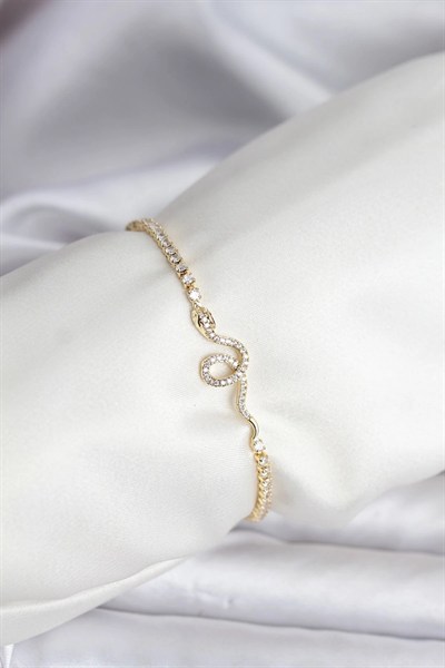 Mey İthalat® Yılan Model Zirkon Taşlı Gold Renk Pirinç Su Yolu Kadın Bileklik