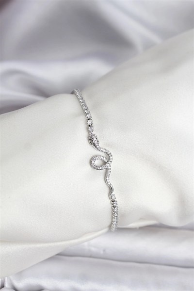 Mey İthalat® Yılan Model Zirkon Taşlı Gümüş Renk Pirinç Su Yolu Kadın Bileklik