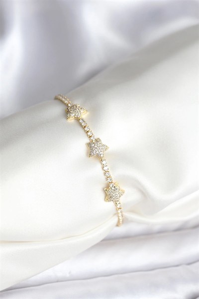 Mey İthalat® Yıldız Model Zirkon Taşlı Gold Renk Pirinç Su Yolu Kadın Bileklik