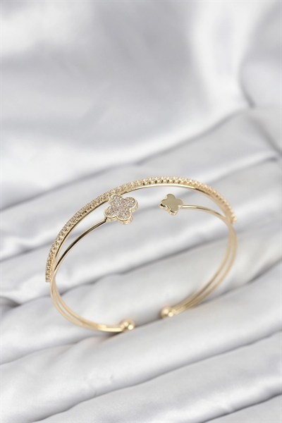 Mey İthalat® Yonca Model Pirinç Gold Renk Kadın Bileklik