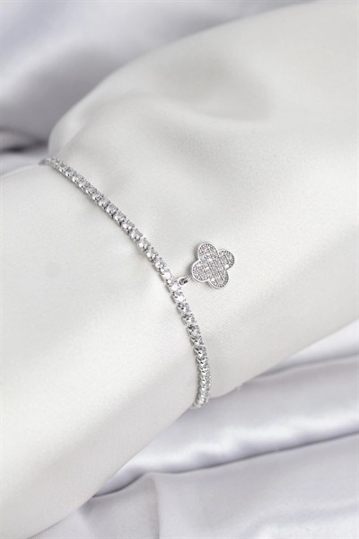 Mey İthalat® Yonca Model Zirkon Taşlı Gümüş Renk Asansörlü Su Yolu Bileklik