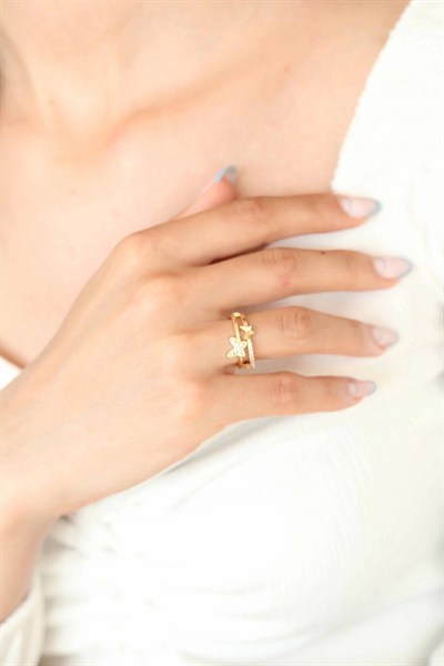 Mey İthalat® Zirkon Taşlı Altın Kaplama Kelebek Kadın Yüzük