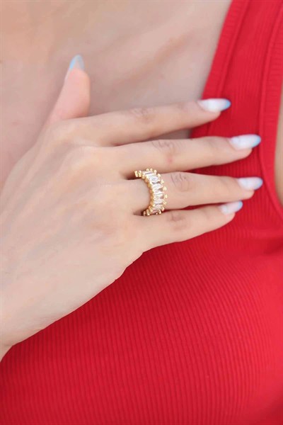 Mey İthalat® Zirkon Taşlı Baget Gold Renk Kadın Yüzük