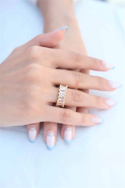 Mey İthalat® Zirkon Taşlı Baget Gold Renk Kadın Yüzük