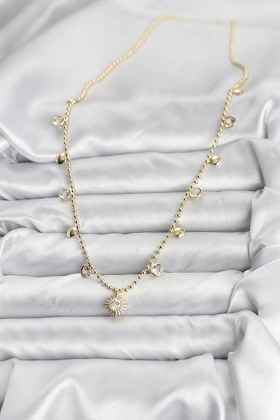 Mey İthalat® Zirkon Taşlı Kutup Yıldızı Model Pirinç Gold Renk Kadın Kolye