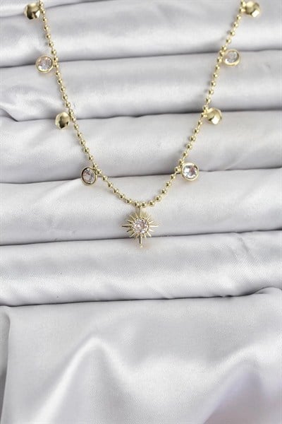 Mey İthalat® Zirkon Taşlı Kutup Yıldızı Model Pirinç Gold Renk Kadın Kolye