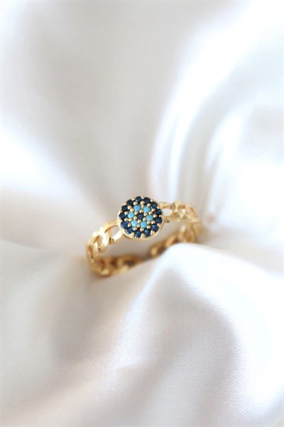 Mey İthalat® Zirkon Taşlı Nazarlı Altın Kaplama Kadın Yüzük