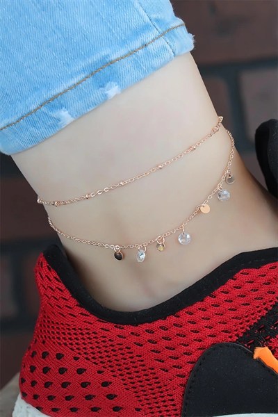 Mey İthalat® Zirkon Taşlı Rose Renk Çift Zincirli Hal Hal
