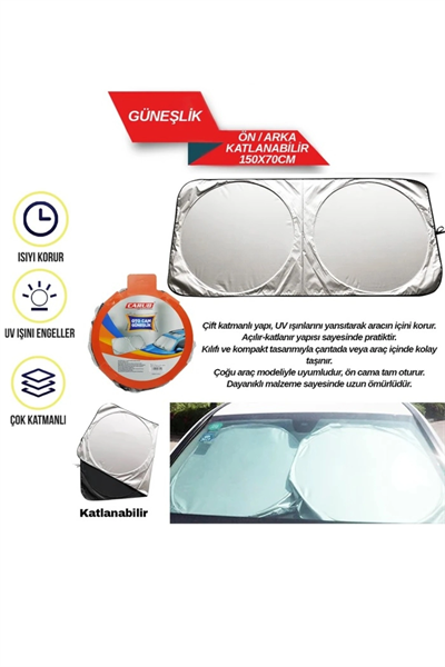 Miflonlu Katlanır Oto Ön Cam Güneşliği 150x70cm Güneş Koruyucu Yazlık Araç Aksesuarı
