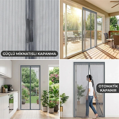 Mıknatıslı Kapı Sinekliği Gri 100x210 Cm Otomatik Kapanan Manyetik Tül Sineklik Bx40