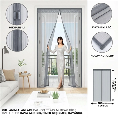 Mıknatıslı Kapı Sinekliği Gri 100x210 Cm Otomatik Kapanan Manyetik Tül Sineklik Bx40