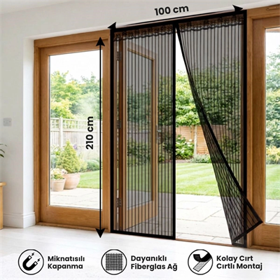 Mıknatıslı Kapı Sinekliği Siyah 100x210 Cm Otomatik Kapanan Manyetik Tül Sineklik Bx40