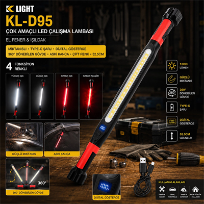 Mıknatıslı Type-c Şarj - Dijital Gösterge 360° Dönebilen Gövde - Askı Kanca - Çift Renk - 52.5cm El Fener - Işıldak Çok Amaçlı Led Çalışma Lambası 4 Fonksiyon Renkli Kl-d95 Bx40