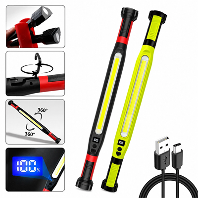 Mıknatıslı Type-c Şarj - Dijital Gösterge 360° Dönebilen Gövde - Askı Kanca - Çift Renk - 52.5cm El Fener - Işıldak Çok Amaçlı Led Çalışma Lambası 4 Fonksiyon Renkli Kl-d95 Bx40