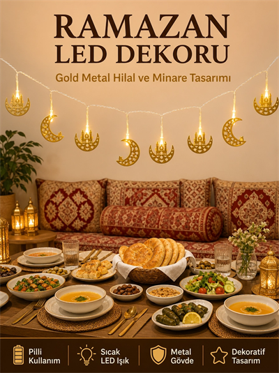 Minareli Hilal LED Işık Gold Metal Gövdeli Pilli Ramazan Dekoru