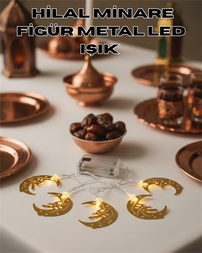 Minareli Hilal LED Işık Gold Metal Gövdeli Pilli Ramazan Dekoru