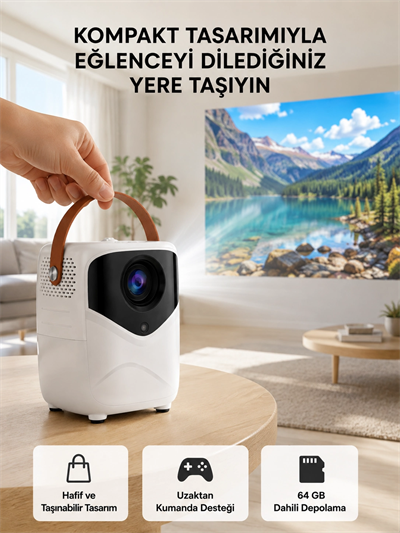 Mini Akıllı Projektör – 1080P Full HD, 64GB Depolama, 2GB RAM, Uzaktan Kumanda Destekli Yeni Nesil