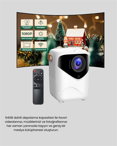 Mini Akıllı Projektör – 1080P Full HD, 64GB Depolama, 2GB RAM, Uzaktan Kumanda Destekli