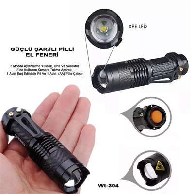 Mini Güçlü Şarjlı Pilli El Feneri  Wt-304