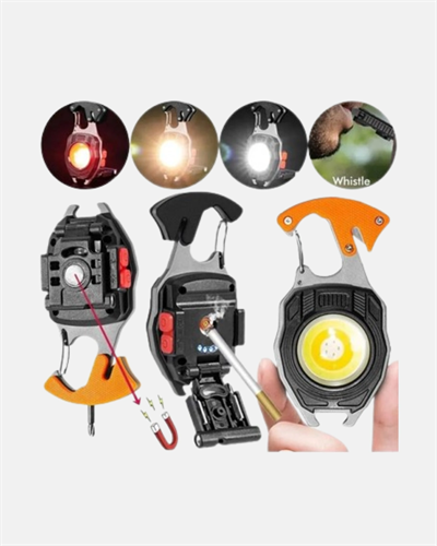 Mini LED Anahtarlık Fener – Şişe Açacağı, Tornavida, Düdük ve USB Şarj Özellikli