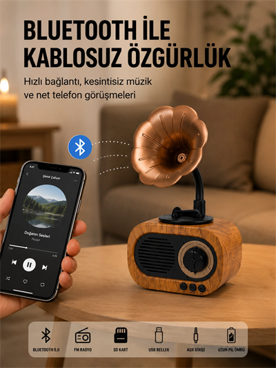 Mini Nostaljik Bluetooth Hoparlör FM Radyo 8 Saat Batarya Yeni Nesil