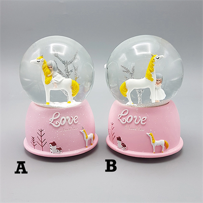 Mini Pembe Kar Küresi - Sevimli Unicorn ve Kız Tasarımlı - Işıklı