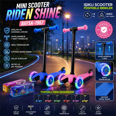 Mını Scooter Rıden Shıne Işıklı Scooter 55x57-64-71cm Fosforlu Renkli +2 Yaş - 40kg Max Taşıma Herhangi Bir Renk Gönderilir Bx40