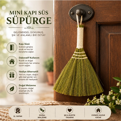 Mini Süpürge Tasarımlı Kapı Süsü - Hasır Saplı - El Yapımı Rustik Dekor
